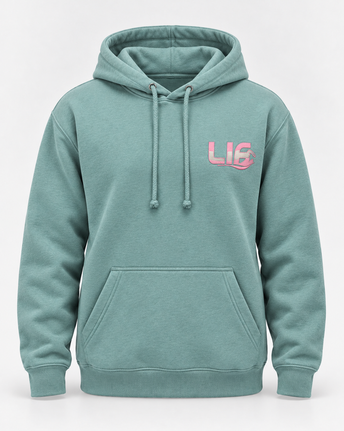 LIF butterfly-seafoam-front hoodie Seafoam staged front view, hood down