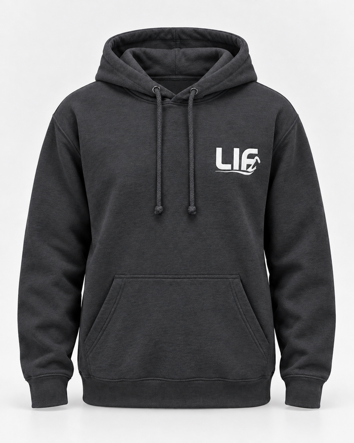 LIF shark-grey-front hoodie Shark grey staged front view, hood down