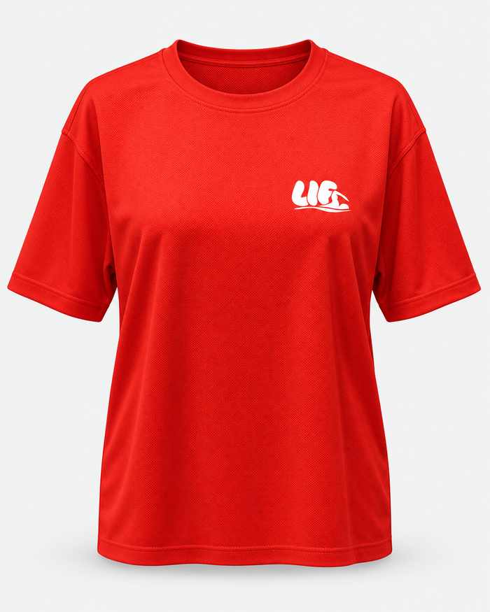 Eat Pasta Swim Fasta tee Red white print front view — staged studio product photo