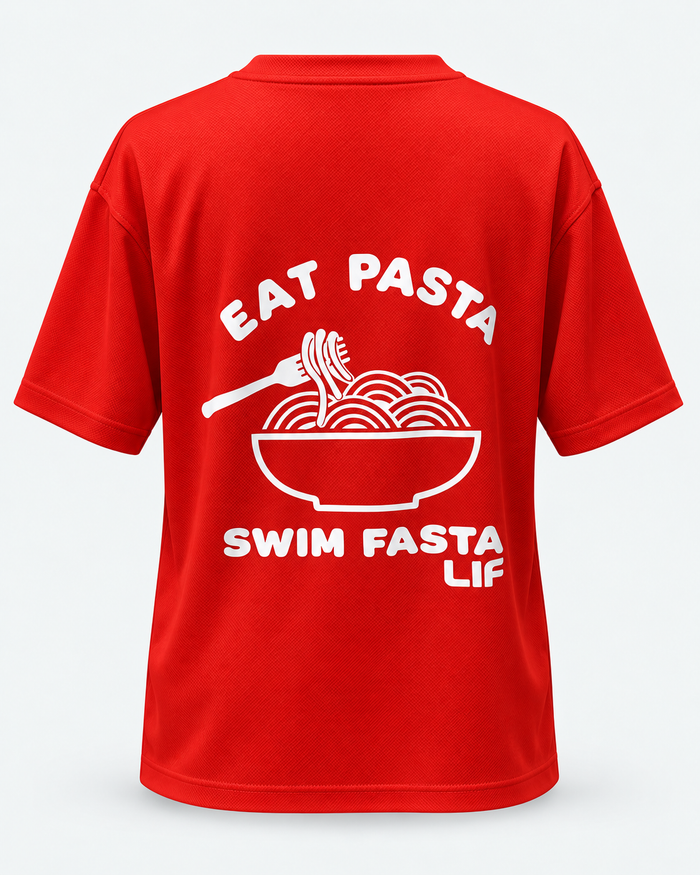 Eat Pasta Swim Fasta tee Red white print back view — staged studio product photo
