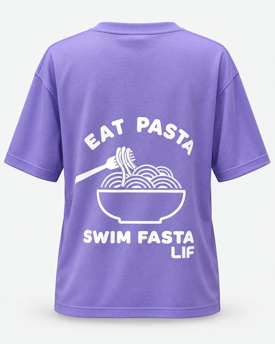 Eat Pasta Swim Fasta tee Digital Lavender white print back view — staged studio product photo