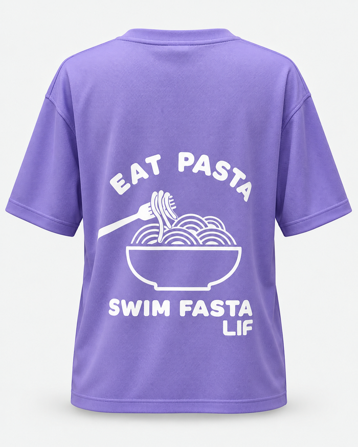 Eat Pasta Swim Fasta tee Digital Lavender white print back view — staged studio product photo