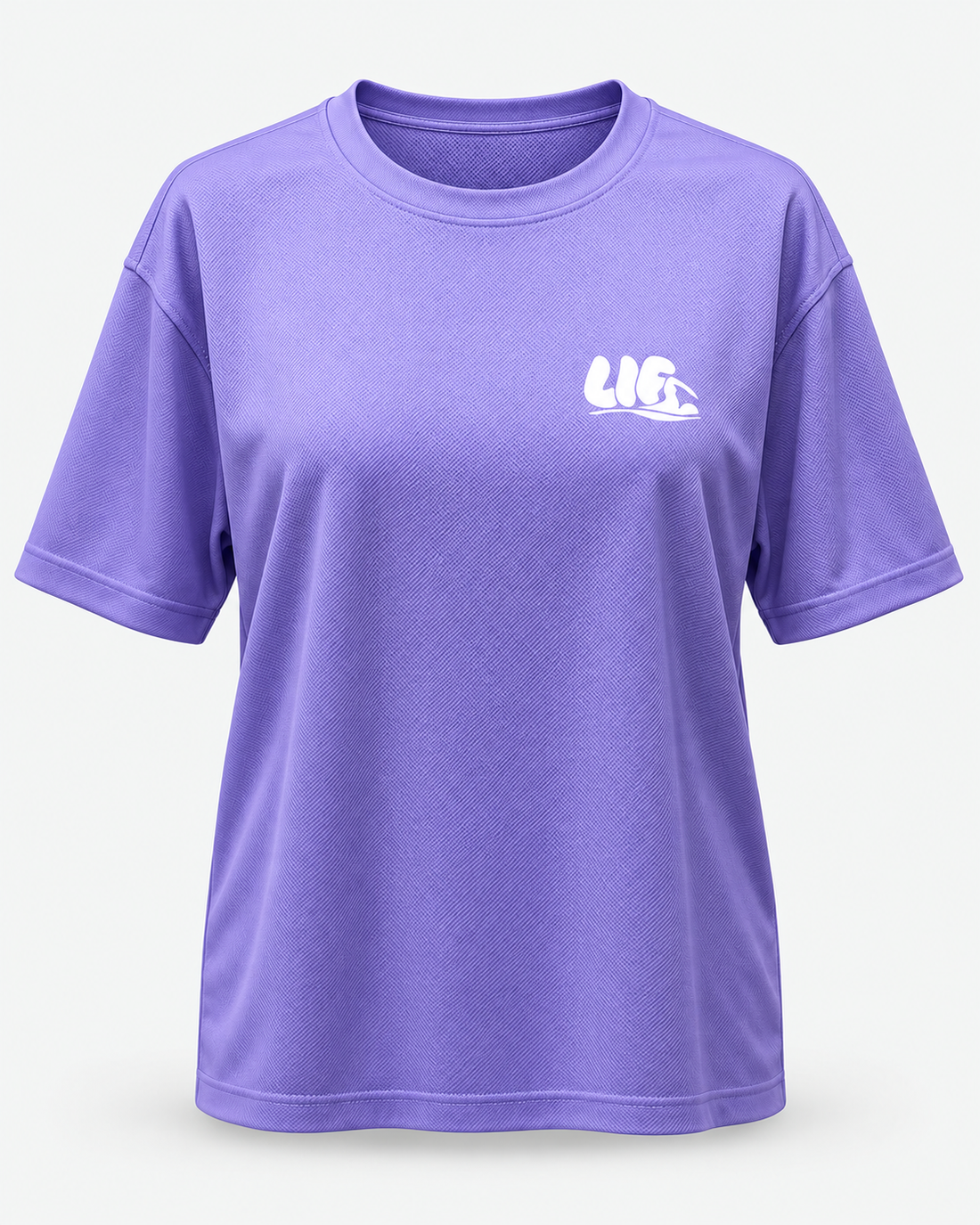 Eat Pasta Swim Fasta tee Digital Lavender white print front view — staged studio product photo