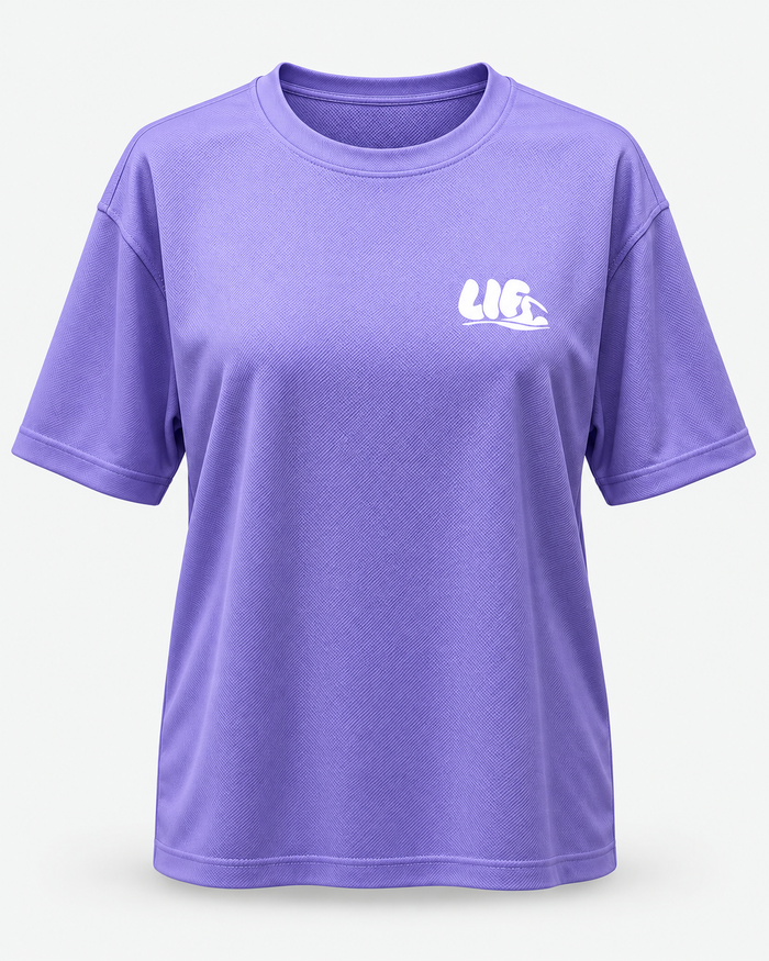 Eat Pasta Swim Fasta tee Digital Lavender white print front view — staged studio product photo