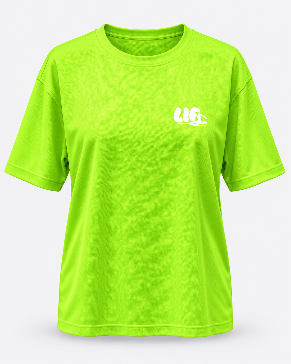 Eat Pasta Swim Fasta tee Electric Green white print front view — staged studio product photo