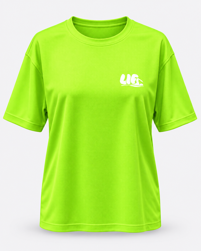 Eat Pasta Swim Fasta tee Electric Green white print front view — staged studio product photo