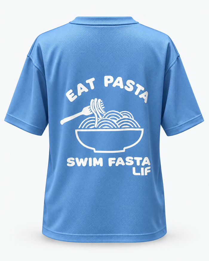 Eat Pasta Swim Fasta tee Cornflower white print back view — staged studio product photo