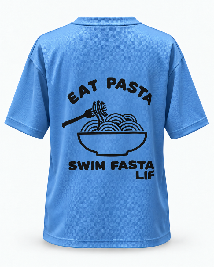 Eat Pasta Swim Fasta tee Cornflower black print back view — staged studio product photo