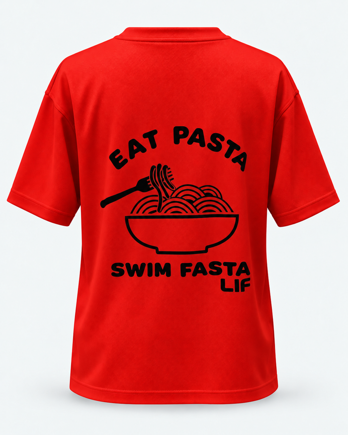 Eat Pasta Swim Fasta tee Red black print back view — staged studio product photo
