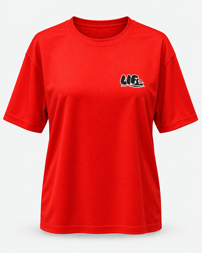 Eat Pasta Swim Fasta tee Red black print front view — staged studio product photo