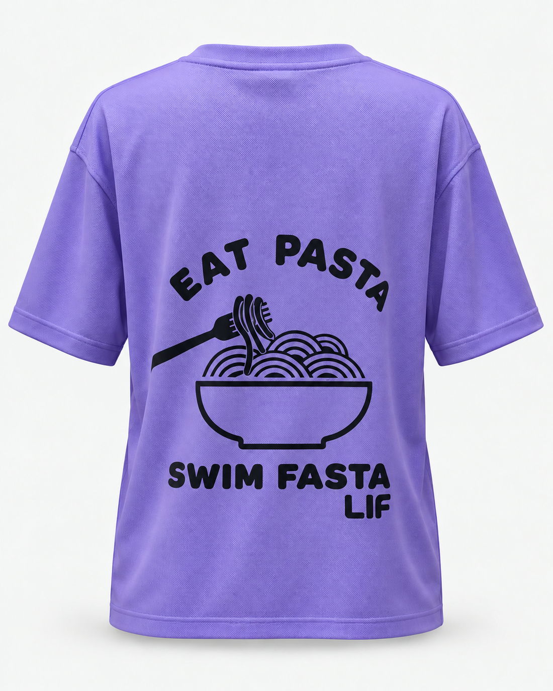 Eat Pasta Swim Fasta tee Digital Lavender black print back view — staged studio product photo