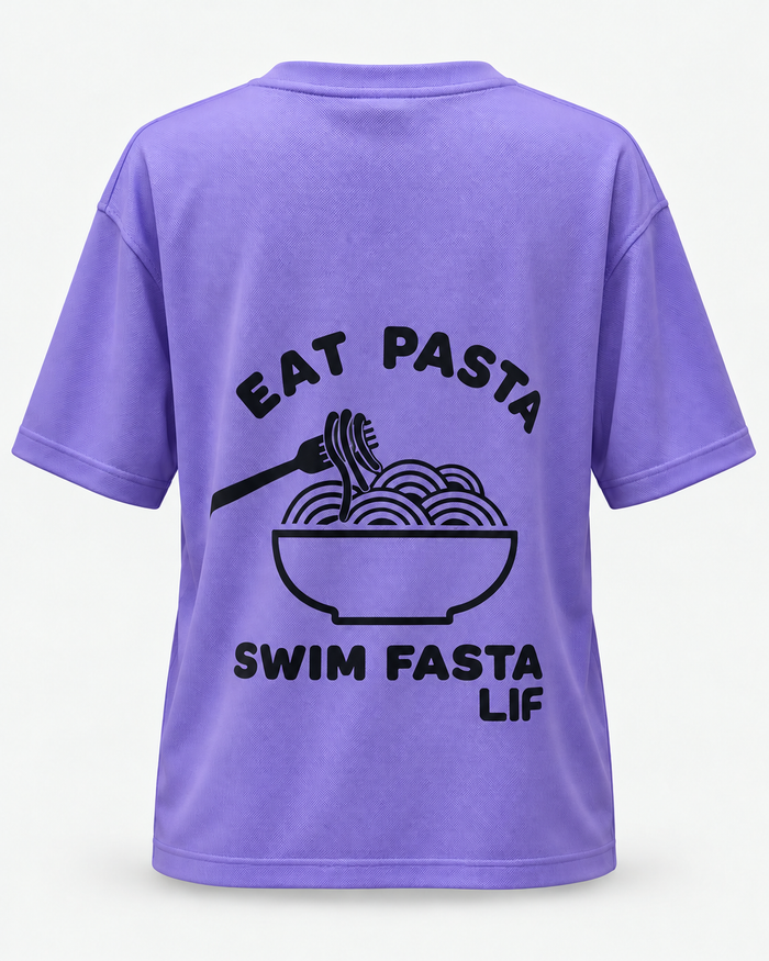 Eat Pasta Swim Fasta tee Digital Lavender black print back view — staged studio product photo