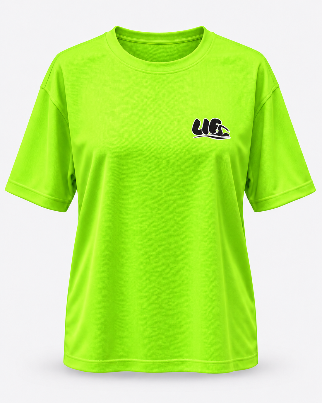 Eat Pasta Swim Fasta tee Electric Green black print front view — staged studio product photo