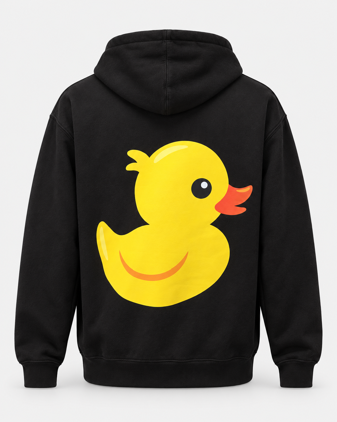 black duck hoodie back — studio product photo
