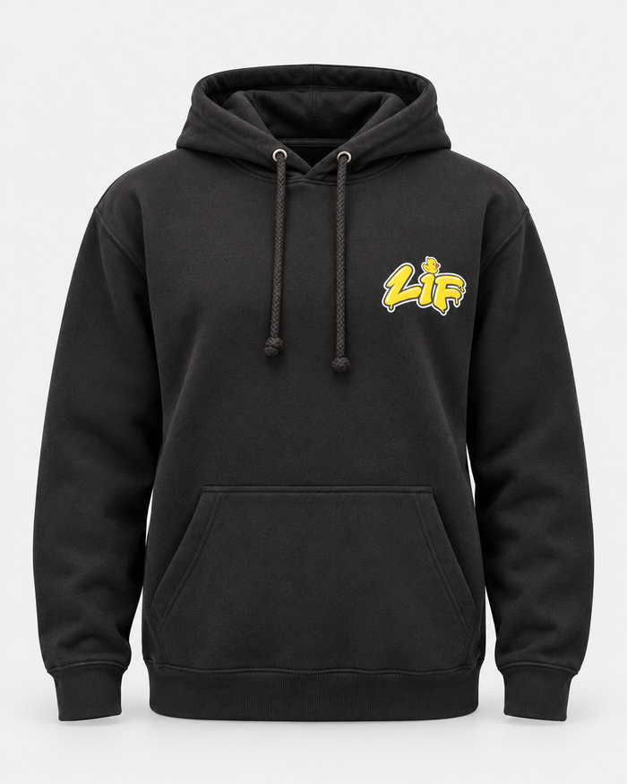 black duck hoodie front — studio product photo