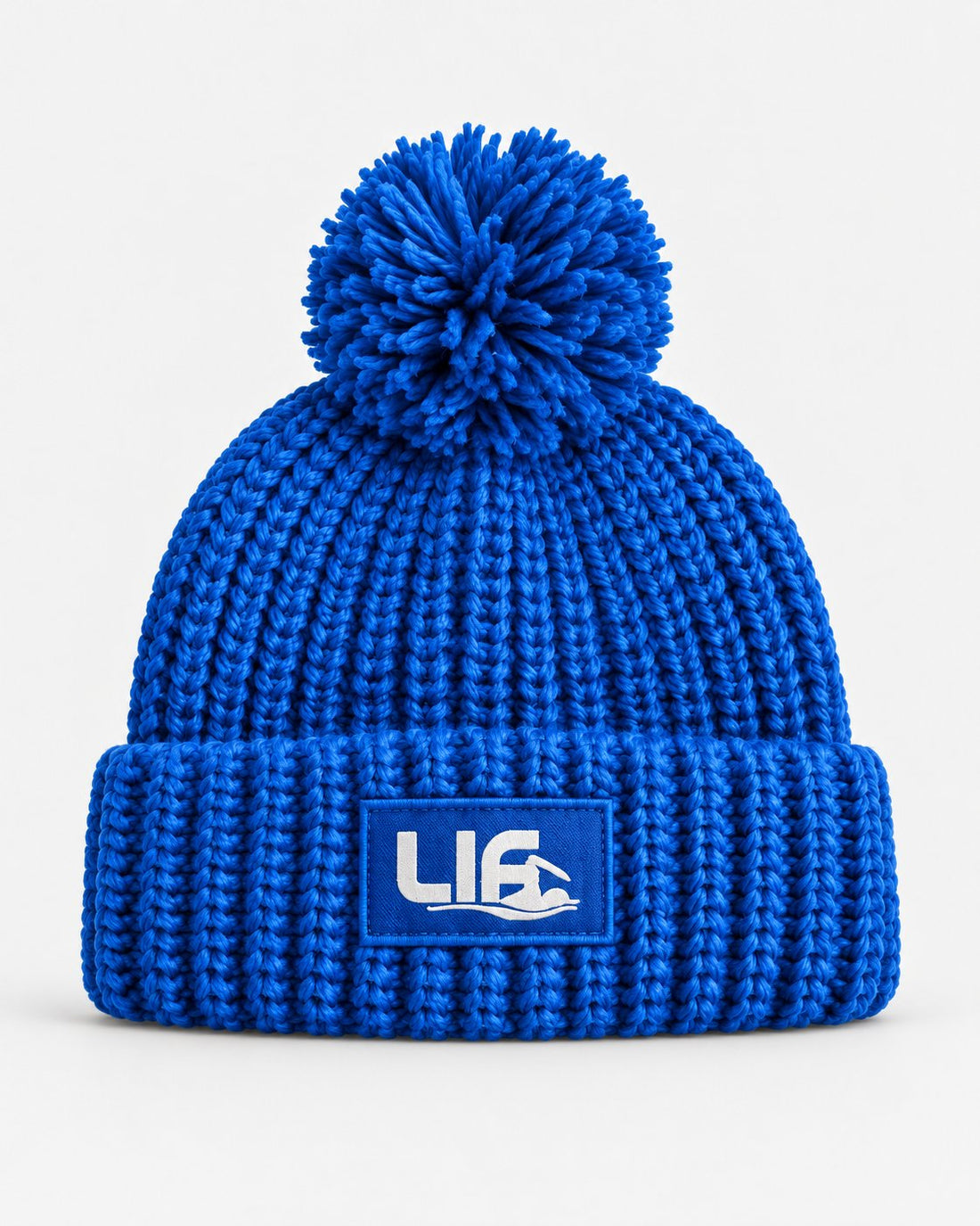Blue LIF reflective patch bobble hat