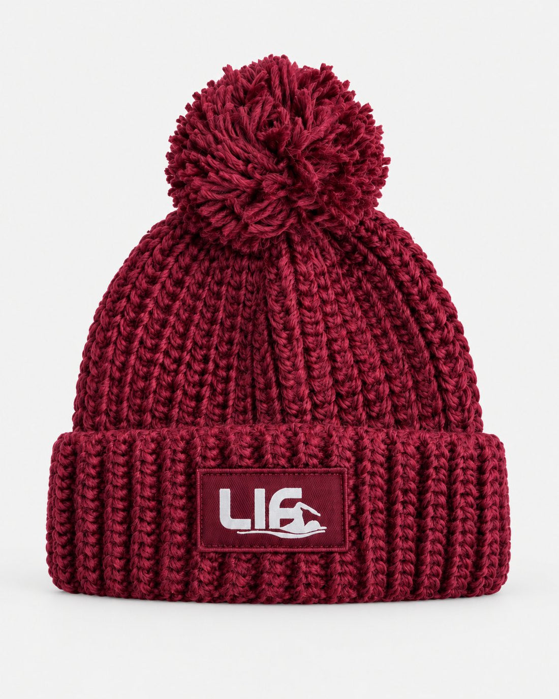 Burgundy LIF reflective patch bobble hat