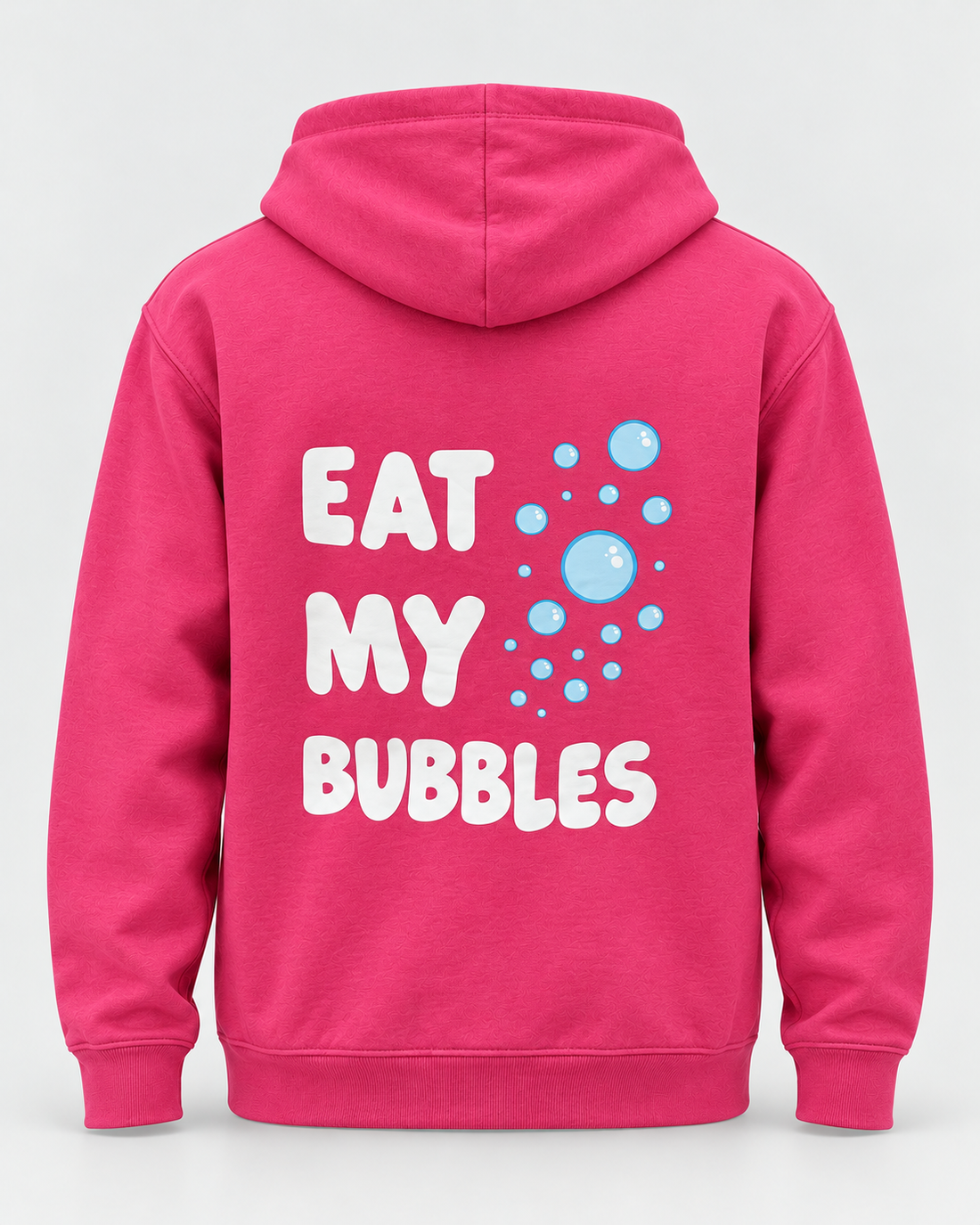 LIF bubbles-pink hoodie Pink staged back view, hood down
