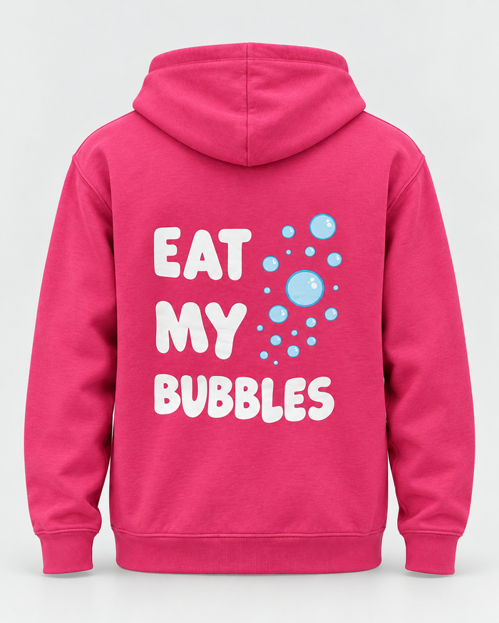 LIF bubbles-pink hoodie Pink staged back view, hood down