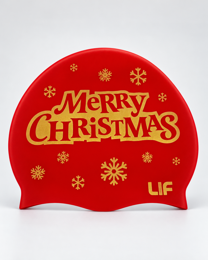Merry Christmas swim cap Red staged front view