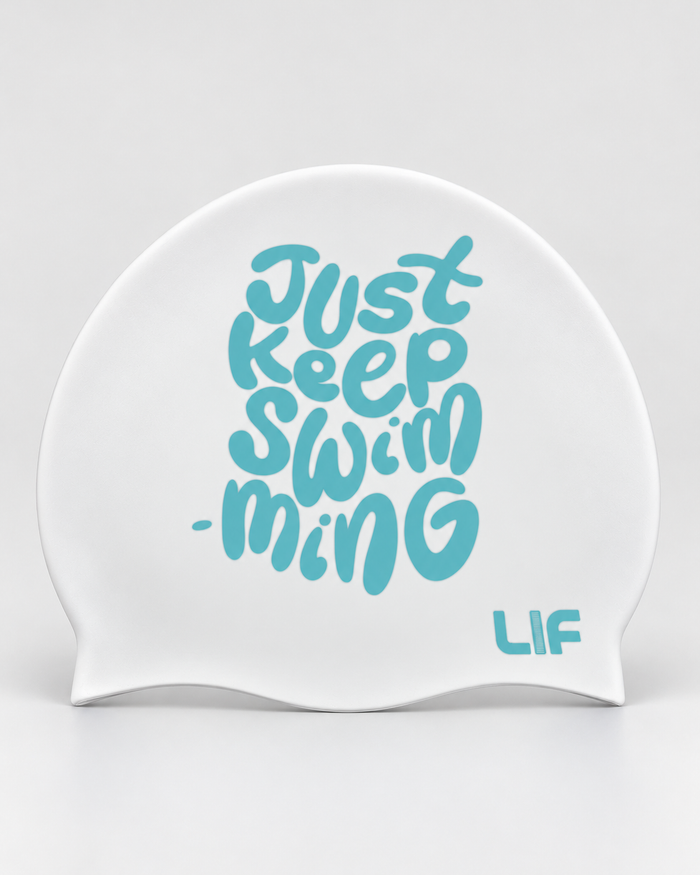 Swim Cap - Just Keep Swimming White staged front view