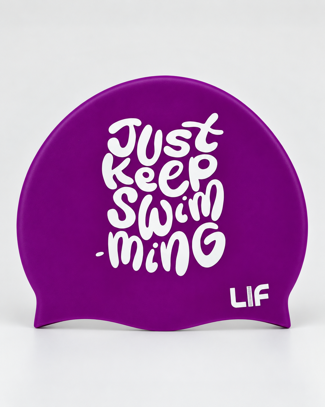Swim Cap - Just Keep Swimming Purple staged front view