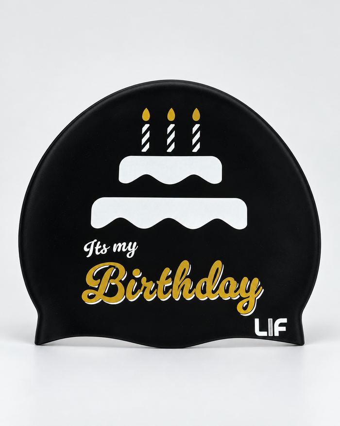 Swim Cap - It’s My Birthday Black staged front view