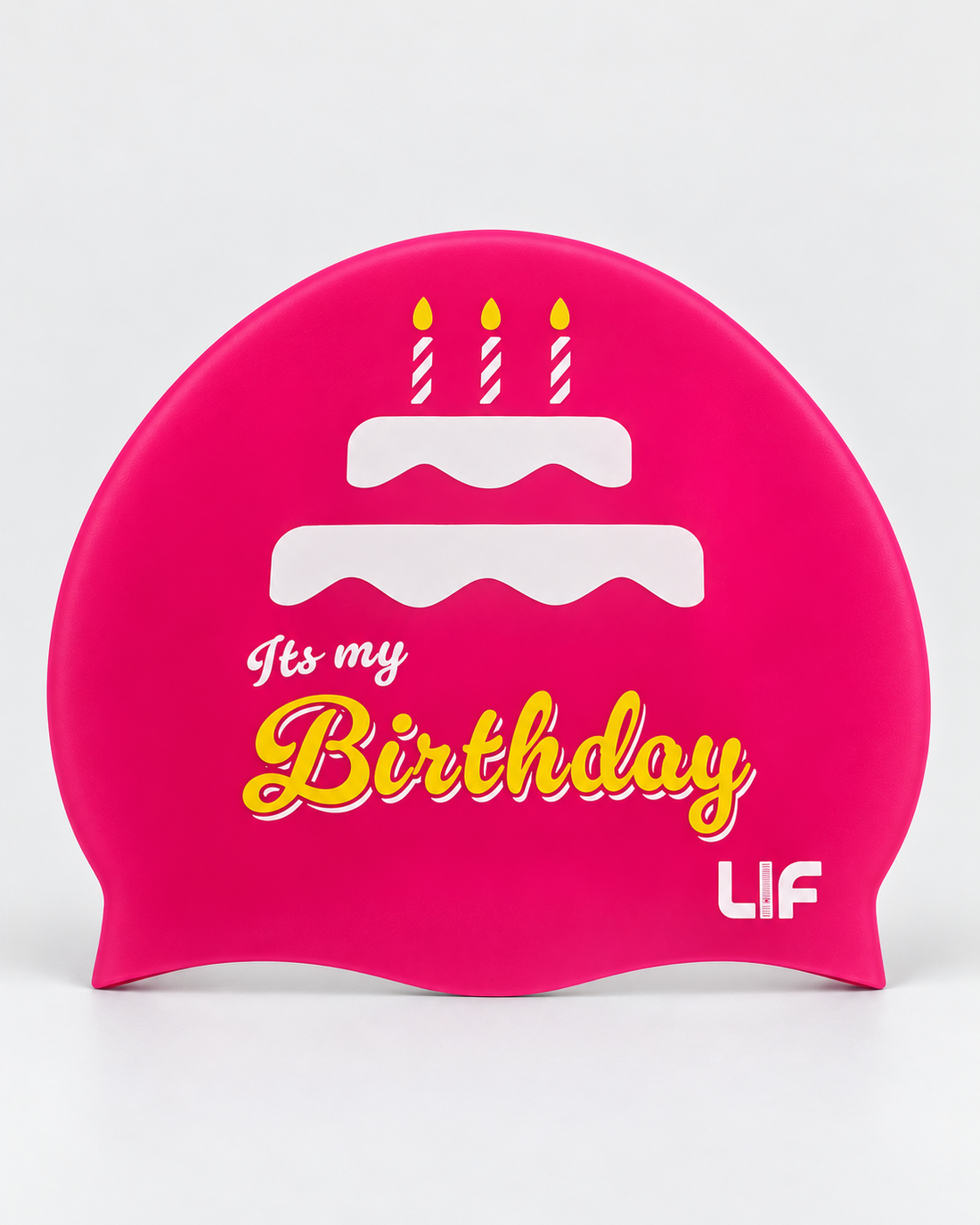 Swim Cap - It’s My Birthday Pink staged front view