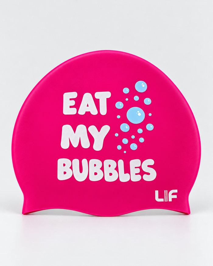 Swim Cap- Eat my bubbles Pink staged front view