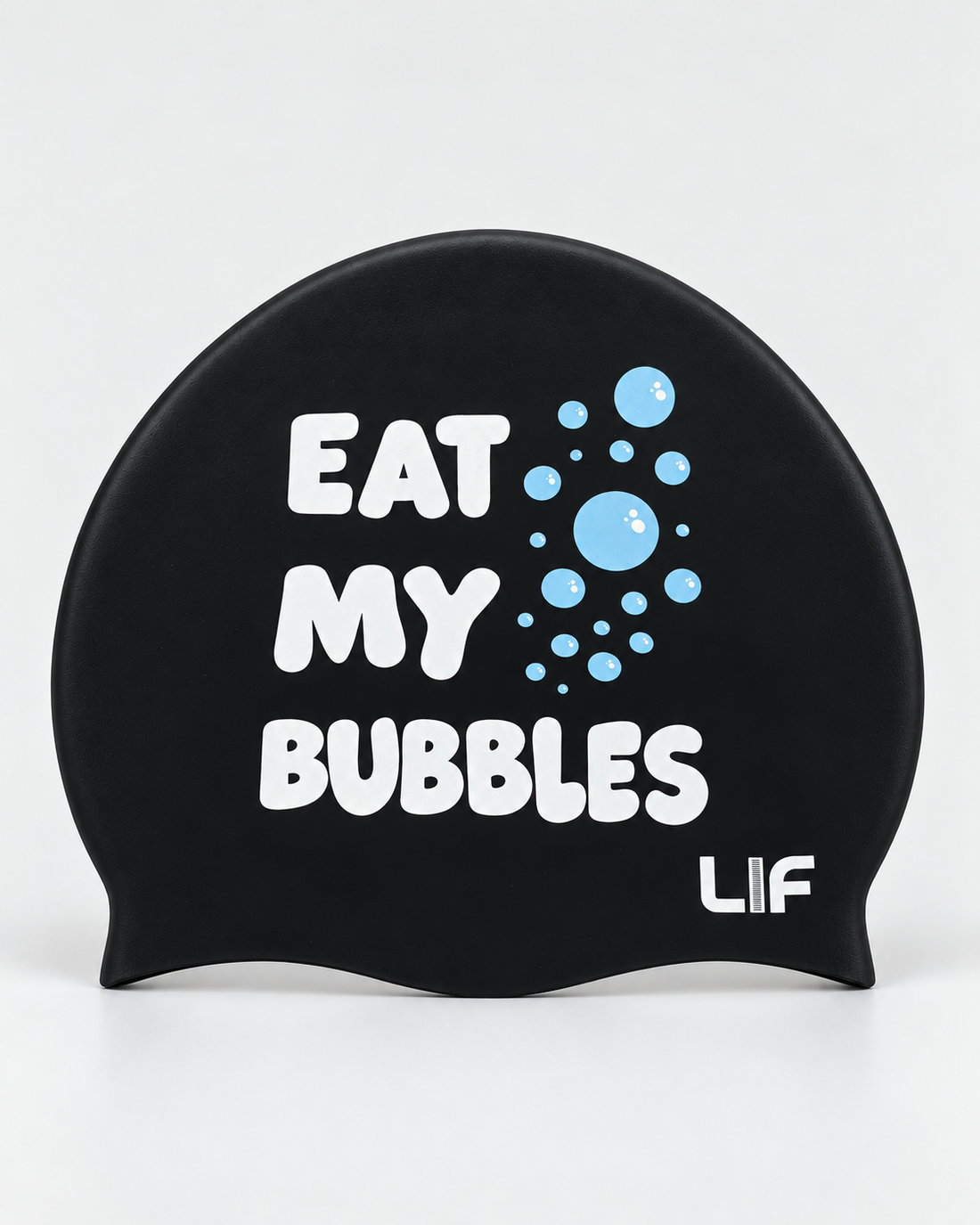 Swim Cap- Eat my bubbles Black staged front view