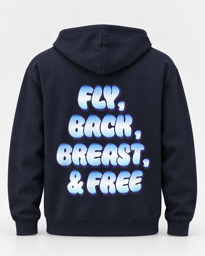 LIF combined-navy hoodie Navy staged back view, hood down