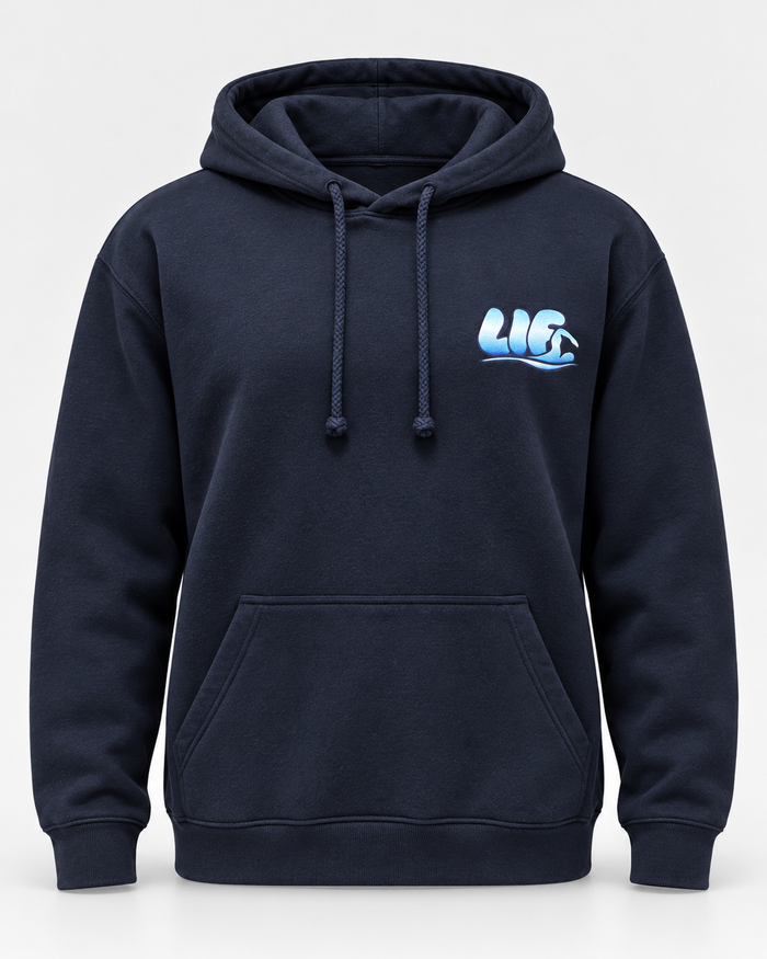 LIF combined-navy-front hoodie Navy staged front view, hood down