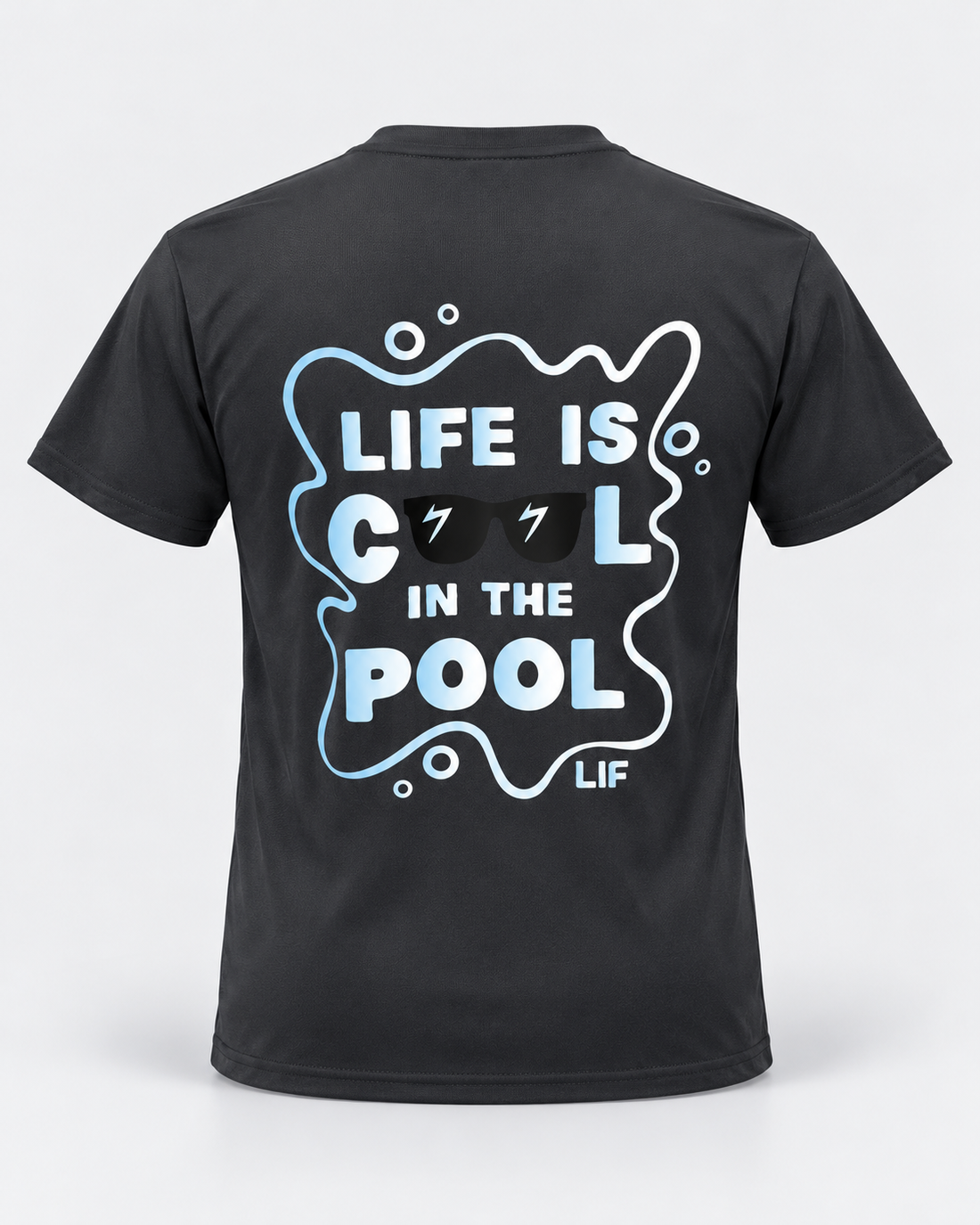 Life is cool in pool charcoal tee staged back view