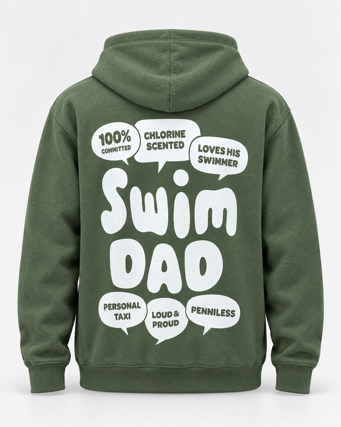 LIF dad-green hoodie Green staged back view, hood down