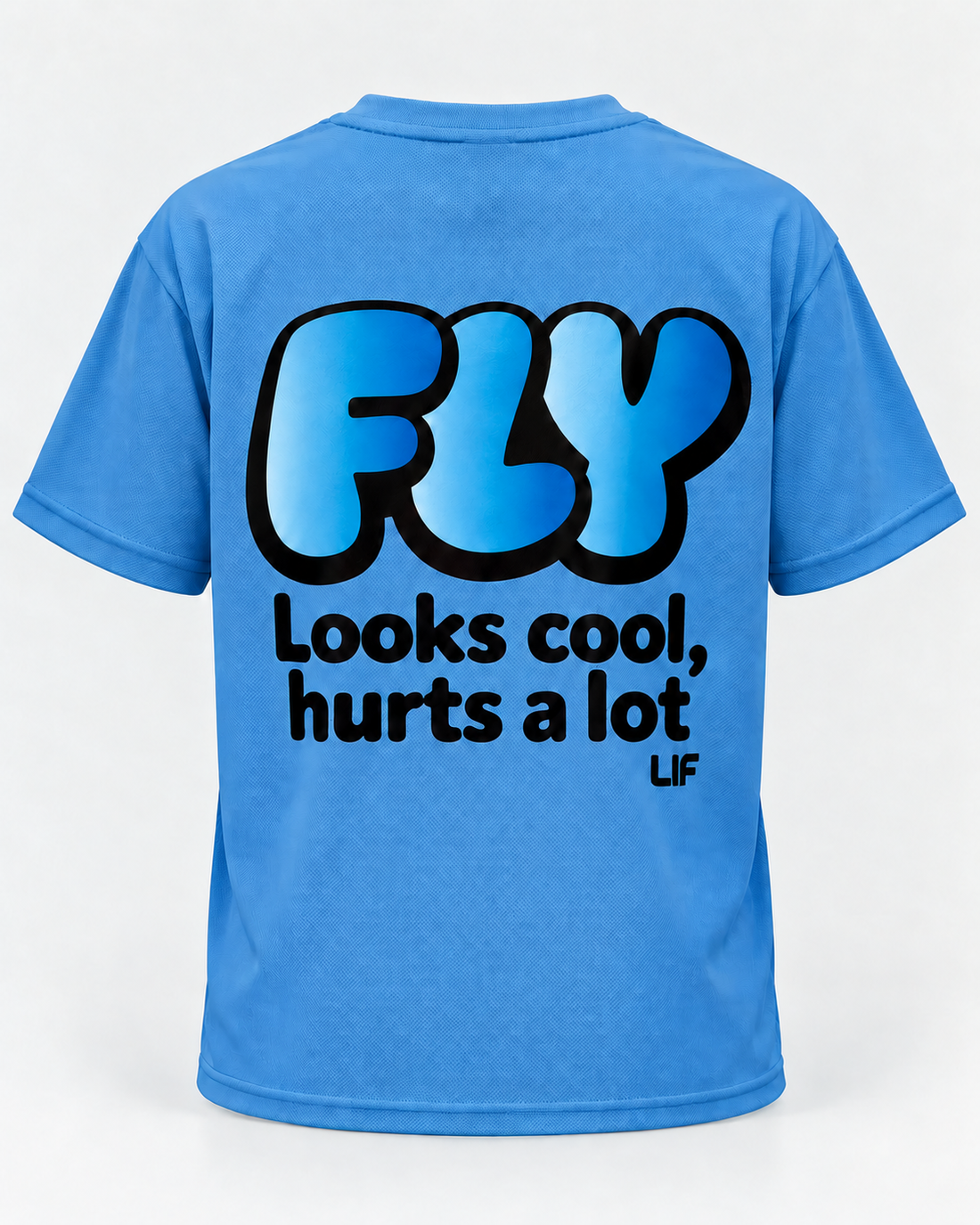 FLY tee Cornflour blue staged back view