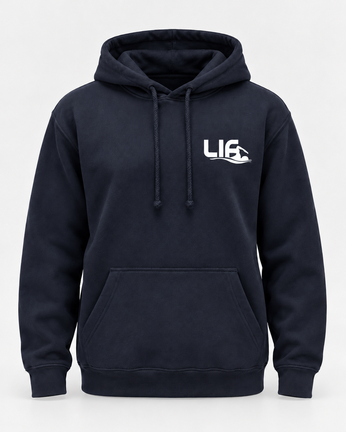 Find Your Lane hoodie Navy staged front view with full white LIF swimmer and wave logo