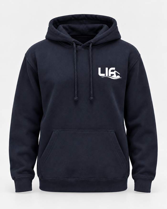 Find Your Lane hoodie Navy staged front view with full white LIF swimmer and wave logo