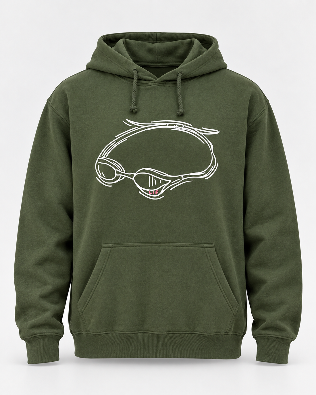 LIF goggles-green hoodie Green staged front view, hood down