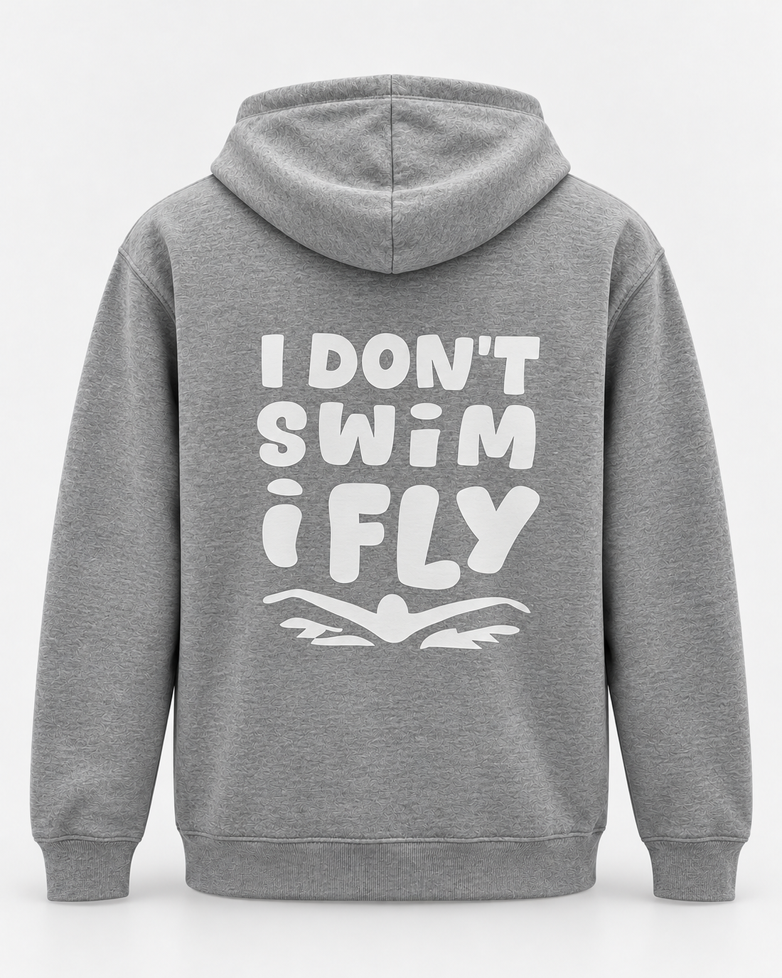 LIF idontfly-grey hoodie Grey staged back view, hood down