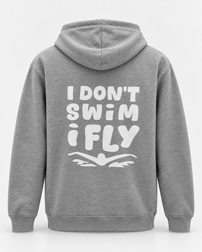 LIF idontfly-grey hoodie Grey staged back view, hood down