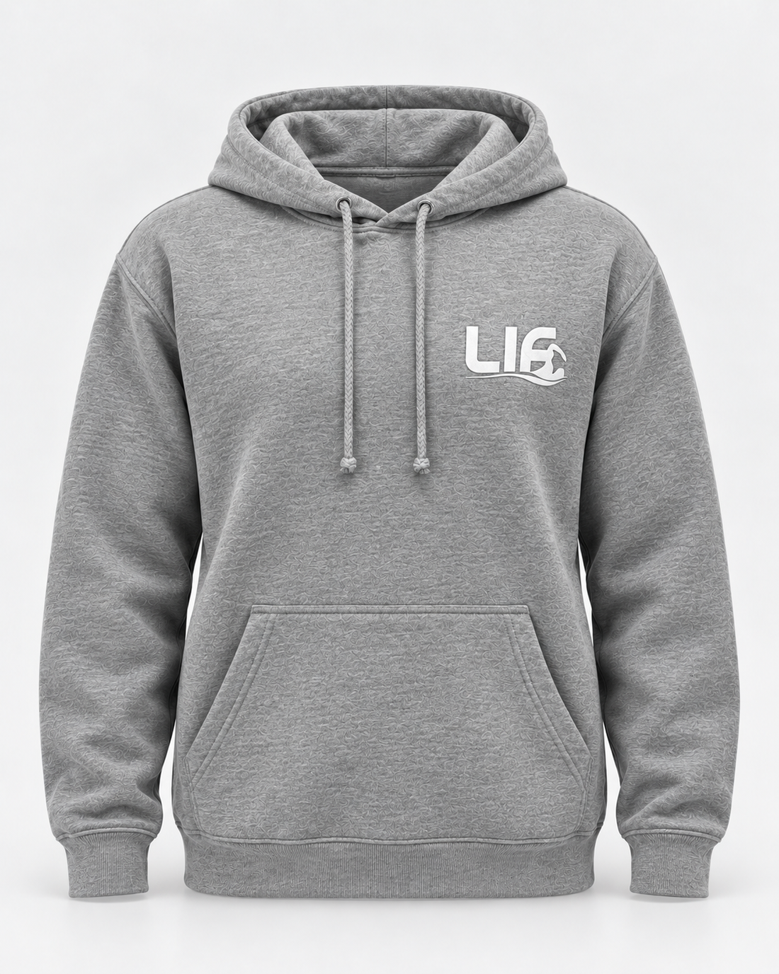 LIF idontfly-grey-front hoodie Grey staged front view, hood down
