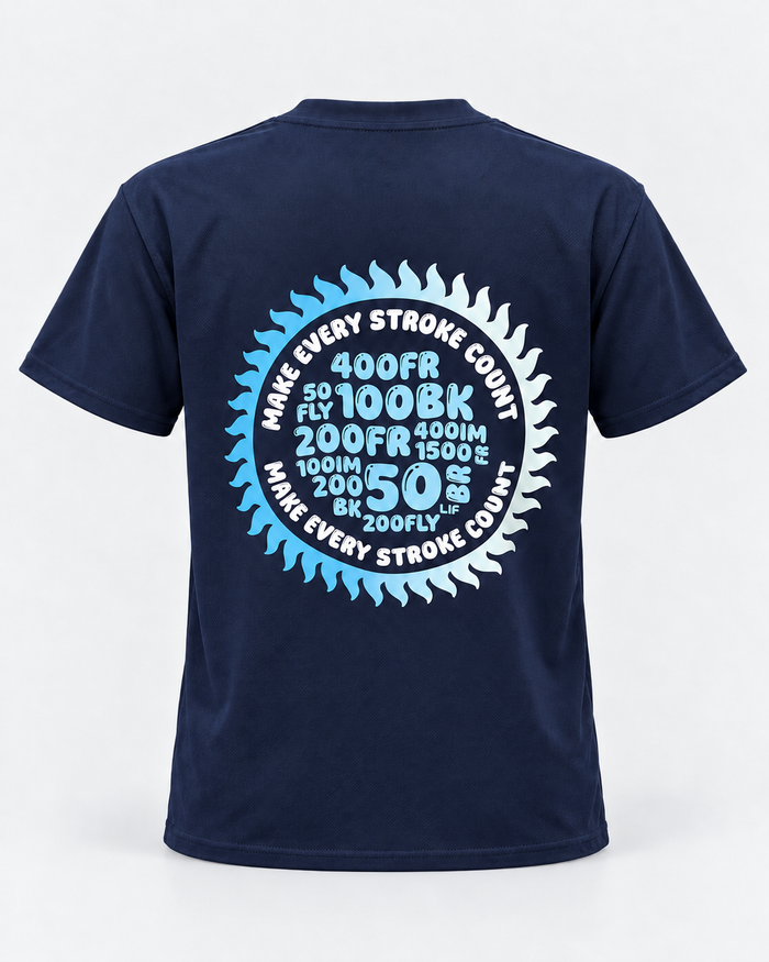 Make every stroke count tee navy staged back view