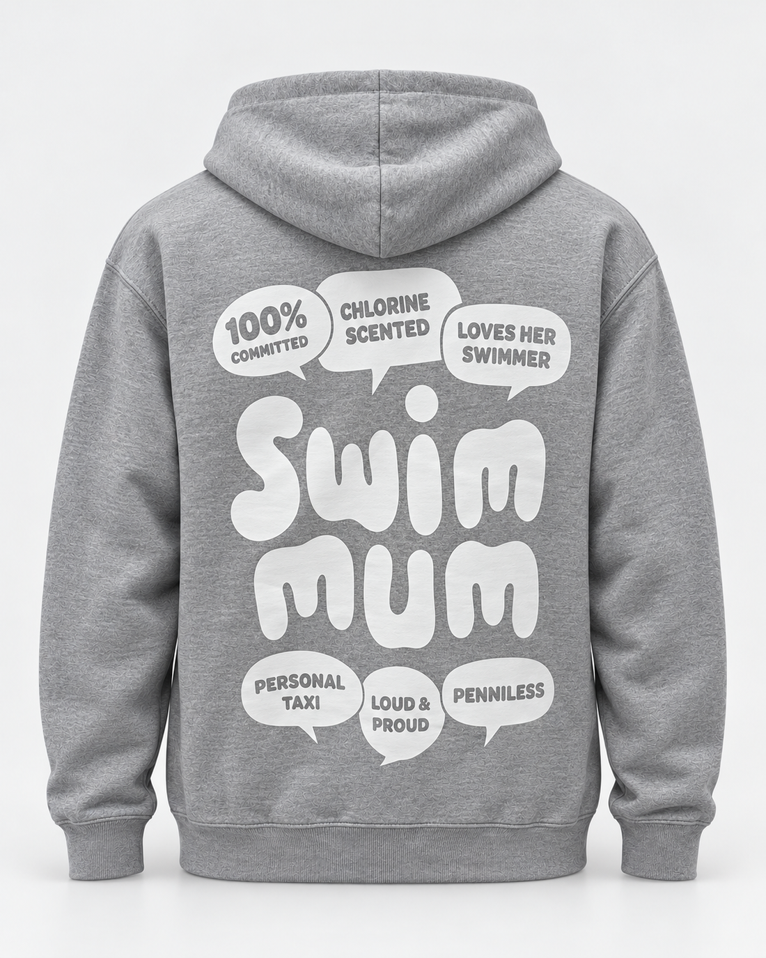 LIF mum-grey hoodie Grey staged back view, hood down