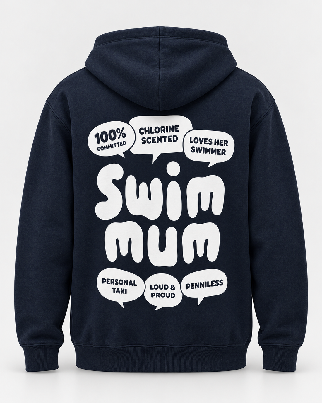 LIF mum-navy hoodie Navy staged back view, hood down