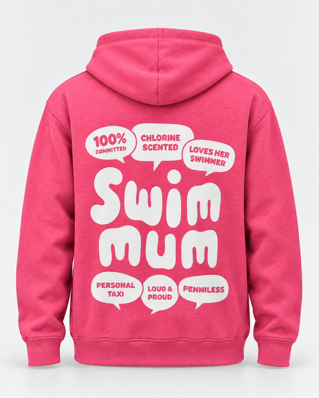 LIF mum-pink hoodie Pink staged back view, hood down