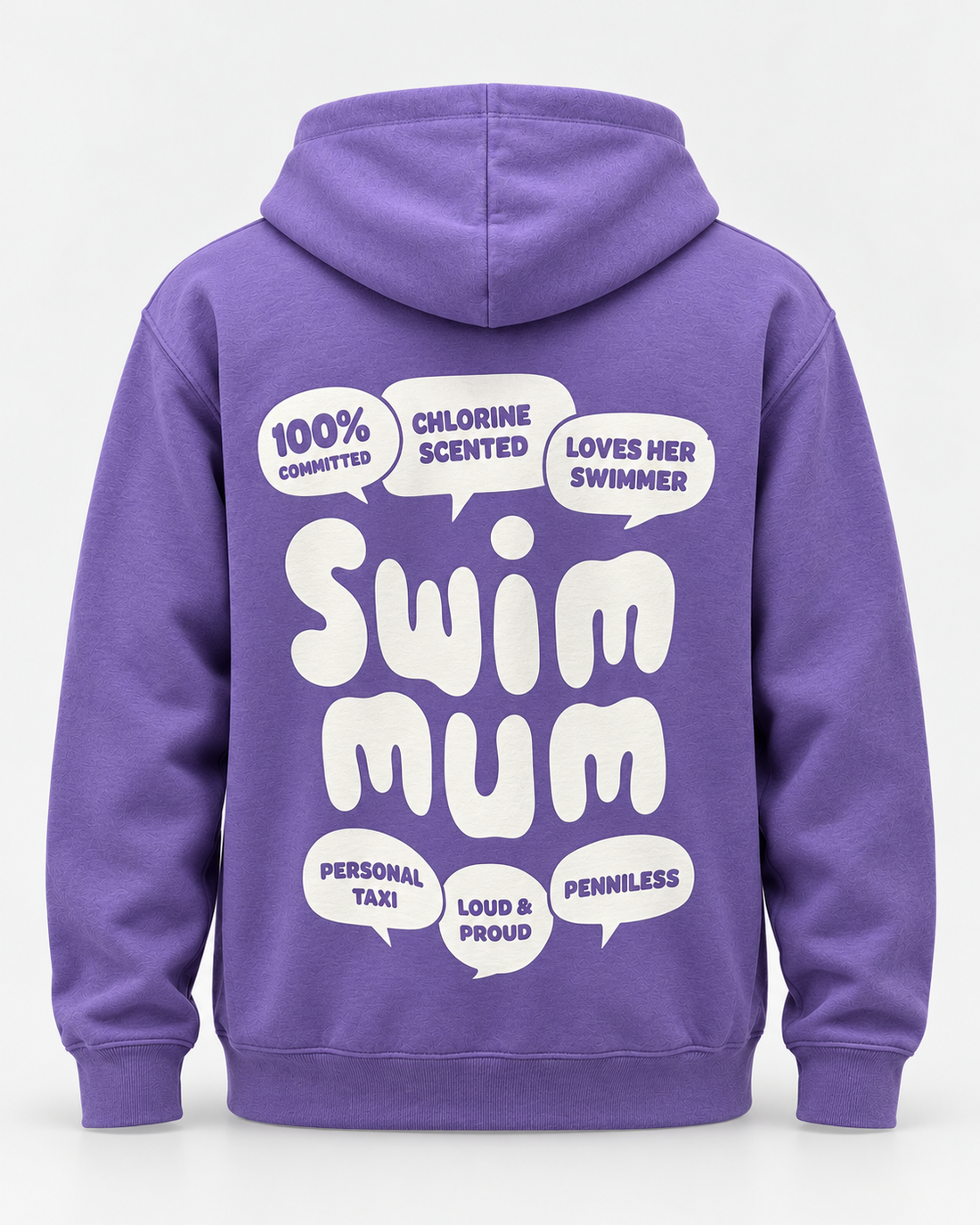 LIF mum-purple hoodie Purple staged back view, hood down