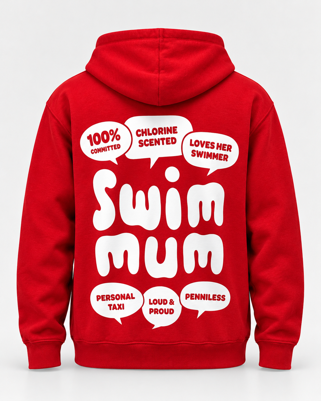 LIF mum-red hoodie Red staged back view, hood down