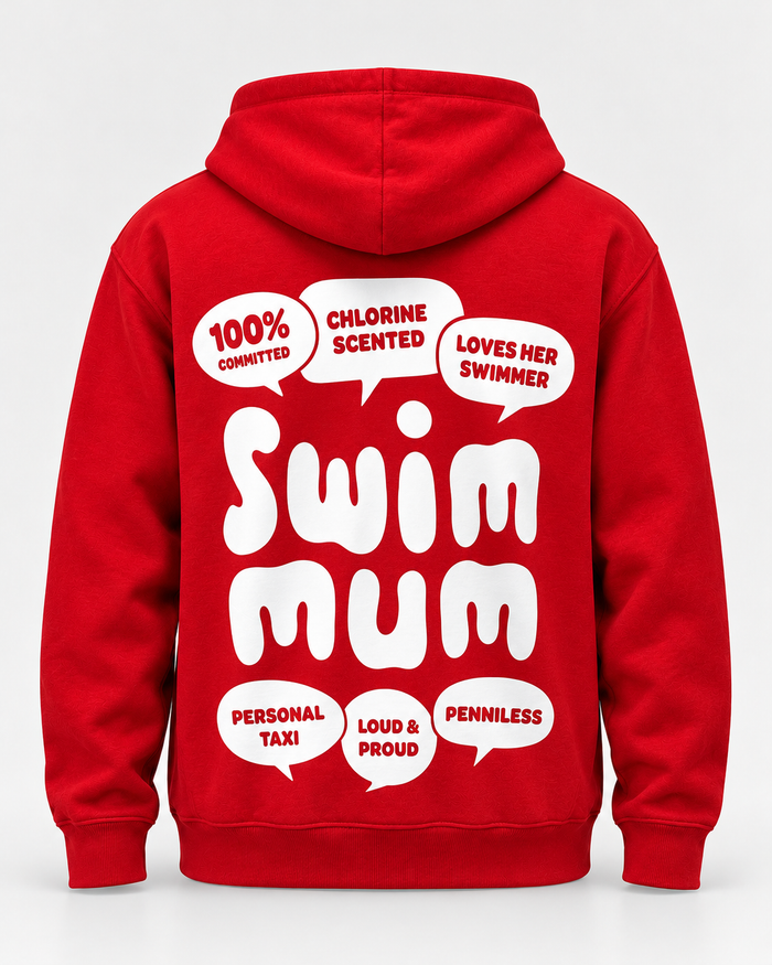 LIF mum-red hoodie Red staged back view, hood down