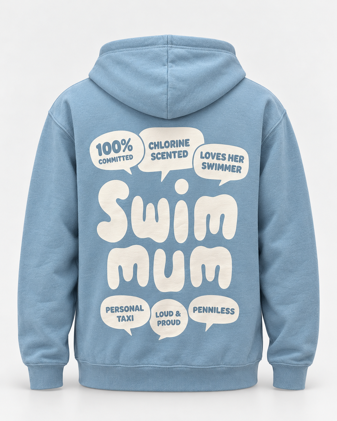 LIF mum-sky-blue hoodie Sky blue staged back view, hood down