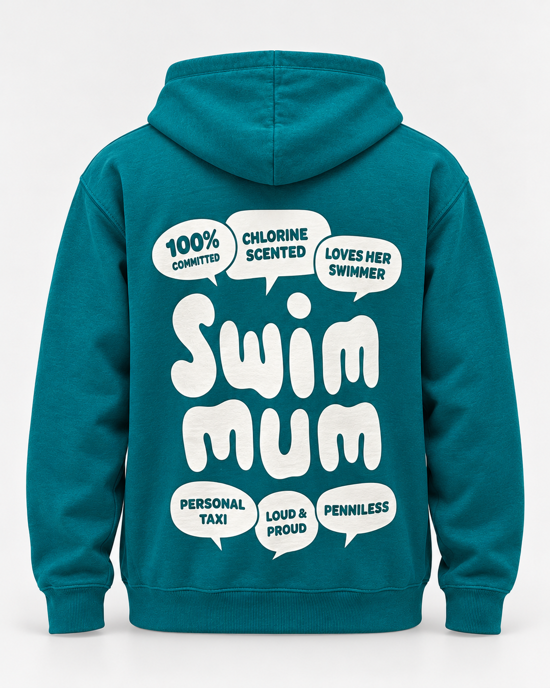 LIF mum-teal hoodie Teal staged back view, hood down